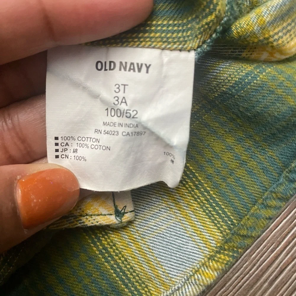 Old Navy 3T boys button up plaid yellow/green long sleeve shirt